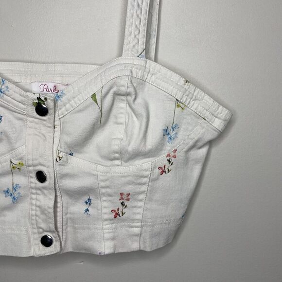 PARKER Womens Ivory Floral Denim Bustier Snap-Front Crop Top EUC Ivan Sz Large L - Picture 4 of 10